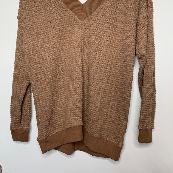 Adreamly women's brown v-neck waffle knit oversize long sleeve top Small - Picture 7 of 8